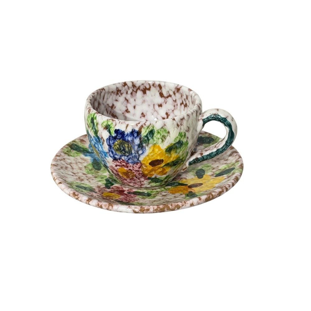 Vintage Nassos Rodos Cup and Saucer Set Multi Floral Spongeware Pottery
